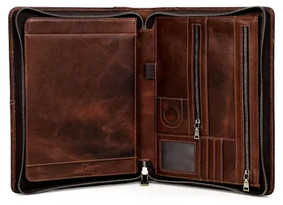 Produktbild von Handgefertigtes italienisches Leder-Padfolio für A4, echtes Leder Business-Portfolio und Organizer für iPad 11" mit Multifunktions-Reißverschluss für Rechtshänder