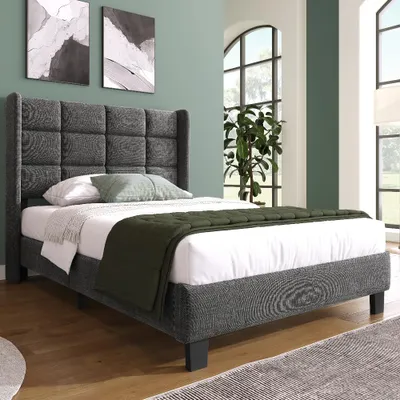 Produktbild von Polsterbett 90x200cm Einzelbett mit gepolstertem Kopfteil und Lattenrost, Stoffbett in Grau Leinenoptik, modernes Bettgestell für Schlafzimmer ohne Matratze