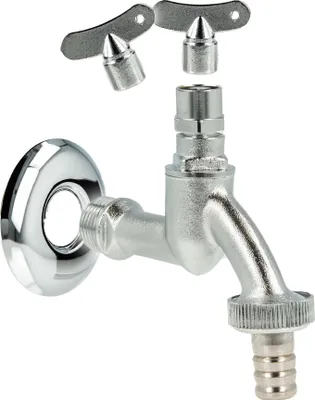 Produktbild von tecuro Auslaufventil 1/2 Zoll, Steckschlüssel-Oberteil, Schlauchtülle, Wandrosette, MS mattverchromt