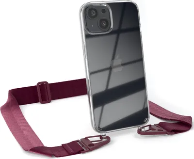 Produktbild von EAZY CASE - Hülle mit Band für Apple iPhone 13, Handyhülle mit Umhängeband, Silikonhülle transparent, Handykette in Rot