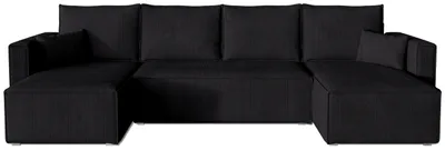 A black U-shaped sectional sofa is shown against a white background.