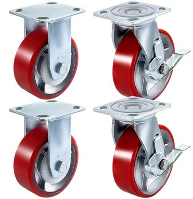 Produktbild von "Möbel Lenkrollen-Set 4er Pack - Polyurethan - 15,2 x 5,1 cm - Stahlradbremse (2) - Starr (2)"