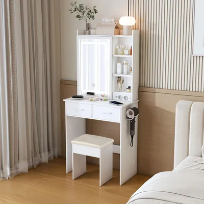Produktbild von MODFU Kleiner Schminkkommode mit verstellbarer LED-Beleuchtung und Steckdose Schminktisch mit Schubladen und verstecktem Stauraum inklusive weichem Hocker Weiß