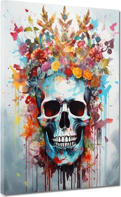 Produktbild von Street Art Totenkopf mit Blumen Leinwandbild Wandbild Kunstdruck XL Wanddeko: 90x120x4cm