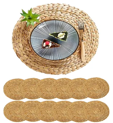 12er-Set runde Seegras-Platzsets, 35 cm, natur, abwaschbar