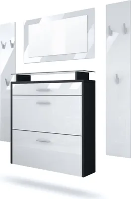 Produktbild von Vladon Garderobe Malea, Garderobenset bestehend aus 1 Hängeschuhschrank, 1 Wandspiegel und 2 Garderobenpaneele, Schwarz matt/Weiß Hochglanz