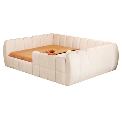 Produktbild von Merax Gepolstertes Kinderbett Bodenbett 140x200cm, Samtbett mit geschlossenem Design und abgerundeten Ecken, Montessori Bett für Jugendliche, Beige