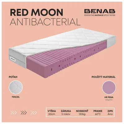 Obrázek produktu pro Matrace ze studené pěny Benab Red Moon Antibacterial Matrace 180 x 200 cm H3 tvrdost 20 cm výška Matrace ze studené pěny, Lyocel, HR, 7 zón, Profilace