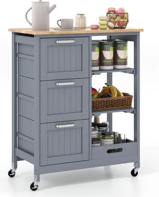 A grey kitchen cart with a wooden top, drawers, and shelves, filled with various kitchen items.