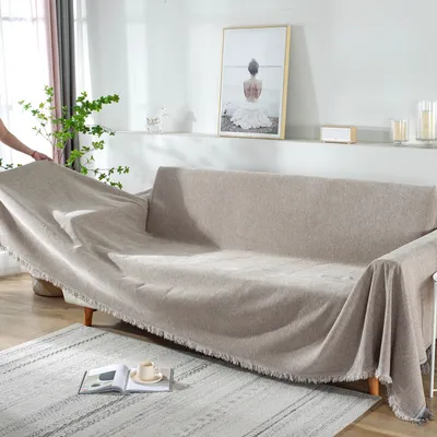 Produktbild von Sofabezug Sofaüberwurf für 2/3/4-Sitzer, Baumwolle Sofa Überwurf mit Quasten, Couchbezüge für Haustiere und Kinder(180*300cm, Khaki)