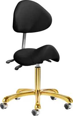 A black saddle stool with a gold base and wheels, shown from a front-side angle against a white background.