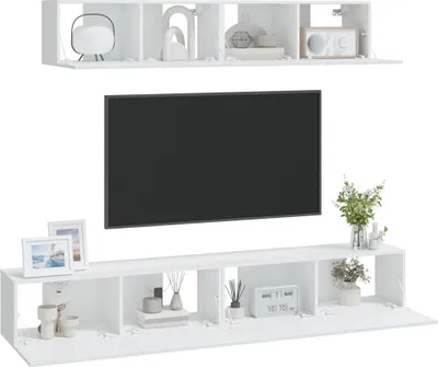 A white TV stand and wall-mounted cabinet set against a white background.