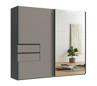 Produktbild von Schwebetürenschrank Kleiderschrank 250 cm Grafit, Schubladen Sandgrau m.Spiegel / 22053