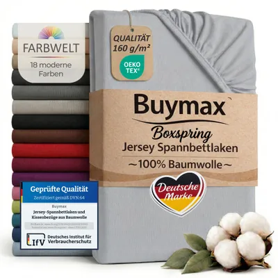 Produktbild von Buymax XL Spannbettlaken 90x200 bis 100x220 cm Silber – Jersey 160 g/m² – 100% Baumwolle, passend für Boxspringbetten und Wasserbetten