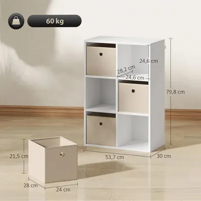 Produktbild von Würfelregal mit Fächern - Bücherregal - 105,9 x 30 x 53,7 cm - Mit Stoffschubladen - Für Wohnzimmer - Weiß