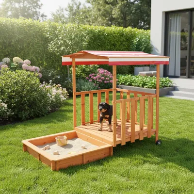 Produktbild von Mucola Beigekasten mit Sonnendach und Spielveranda Spielhaus Beigebox Beigekiste Holz Kinder HolzBeigekasten UV Schutz - Rot / Weiß
