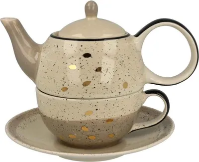 A tea for one set consisting of a teapot, cup, and saucer, displayed on a white background.