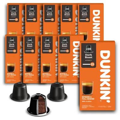 Zdjęcie produktu dla Dunkin' Donuts Dark Roast – 100 kapsułek z kawą | Kompatybilne z ekspresami na kapsułki Nespresso®*³ | 100% ziarna arabiki | Ciemny stopień palenia