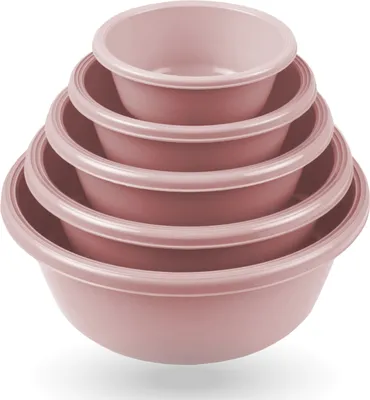 Obrázek produktu pro Sada mís na míchání, růžová, 5dílná – plastové mísy 0,7/1,5/2,5/4,0/6,0 l, stohovatelné, mísy na těsto, salátové mísy a servírovací mísy
