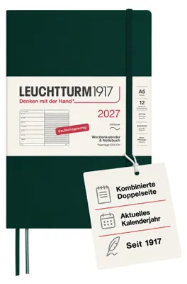Zdjęcie produktu dla Kalendarz tygodniowy LEUCHTTURM1917 na rok 2027, format średni (A5) z notatnikiem - planer terminów