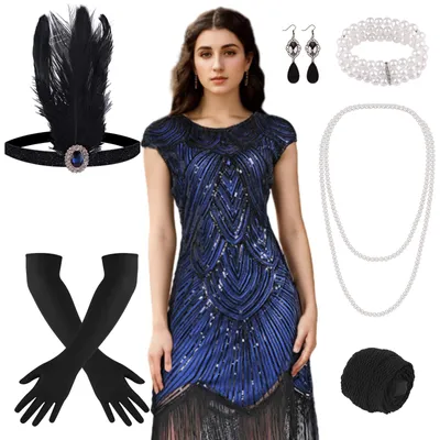 Produktbild von Flapperkleid 1920er Jahre blau, Pailletten, Perlen, Fransen, Set mit Accessoires, für Themenpartys