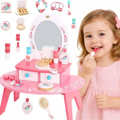Image de Tooky Toy Coiffeuse de maquillage en bois rose avec miroir