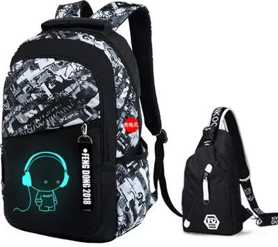 Produktbild von Oxford-gewebe Schulrucksack(Weiss+Schwarzbrusttasche)für Jungen Schulrucksack Druck laptoprucksack Jugendlichen Schultasche Outdoor Reflektierender Daypack Outdoor Camping Wasserdichte Büchertaschen