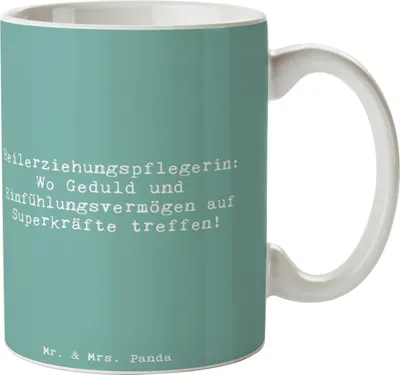 Produktbild von Mr. & Mrs. Panda Kaffeetasse Spruch Heilerziehungspflegerin Superkräfte - Meeresbrise - Geschenk, Betreuung, haferl, kreative Geschenke, Kaffeebecher, Tasse, Herzblut