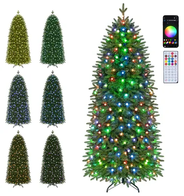 Immagine prodotto di Albero di Natale artificiale COSTWAY, altezza 190 cm, forma slanciata, con 719 punte in PE e PVC, albero di Natale con 220 LED, 42 effetti luminosi e base in metallo, albero di Natale verde