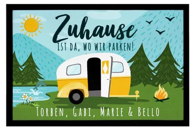 Produktbild von Personalisierte Fußmatte Familie - Zuhause ist dort, wo wir parken - Camping Wohnwagen - rutschfest & waschbar - Schwarz 60x40cm