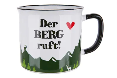 Produktbild von Gilde - 46907 - Kaffeebecher, Mit Spruch: Der Berg ruft!, Keramik, Emailledesign, 9,5cm x 8,5cm, 390ml