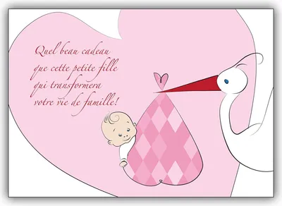 Produktbild von 4x Französische Babykarte (Mädchen) Glückwunsch zur Geburt mit Storch