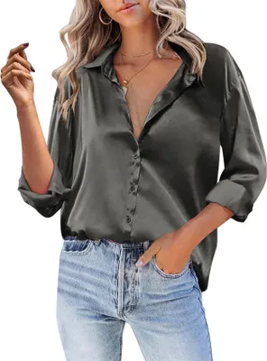 Produktbild von ASKSA Damen Satin Bluse V-Ausschnitt Hemde Elegant Knoepfen Oberteile Casual Einfarbig Tunika Langarmshirt (Dunkelgrau,XXL)