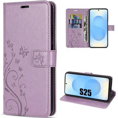 Image de Coque pour Samsung Galaxy S25, Flip Case Cuir Synthétique Antichoc Anti-Rayures Motif Plante Papillon Violet