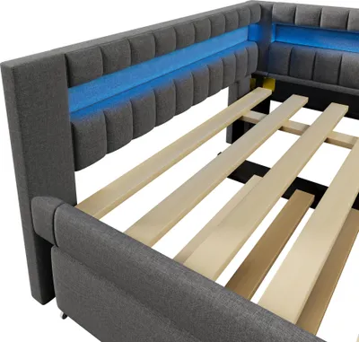 Produktbild von Flieks Polsterbett 140x200cm mit Ausziehbarem Bett, Schlafsofa Tagesbett mit Ladefunkion & LED, Jugendbett Doppelbett Daybed, Leinen, Grau