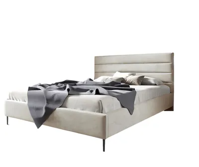 A upholstered bed with a gray blanket and pillows, on a white background.