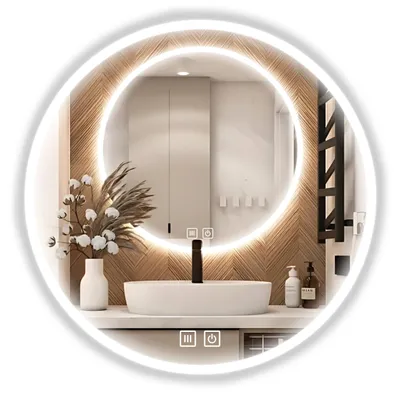 A round LED bathroom mirror with a wooden textured background, a sink, and decorative elements.