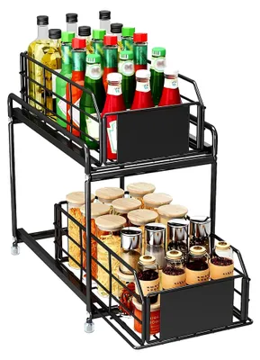 Produktbild von 2-stufiges ausziehbares Küchenregal, schwarzer Organizer für Schränke, Gewürzregal für Küche und Badezimmer