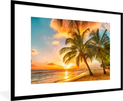 Produktbild von MuchoWow® Gerahmtes Poster Sonnenuntergang - Palme - Wolken - Meer - Strand 90x60 cm - Poster mit Schwarzem Bilderrahmen Wandposter Rahmen Foto Bilder - Wanddekoration - Fotos