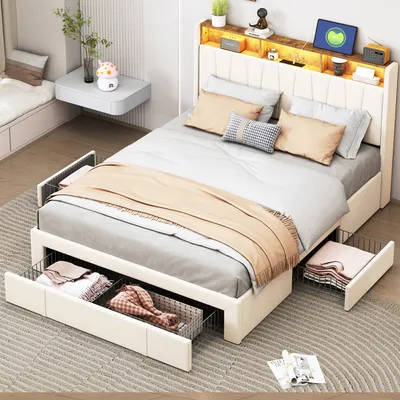 Obrázok produktu pre CDGlobal čalúnená posteľ 160x200cm s USB a zásuvkami, posteľ pre mladých manželská posteľ so 4 zásuvkami, úložný priestor posteľ z masívu s LED/typom C a lamelovým roštom, béžová