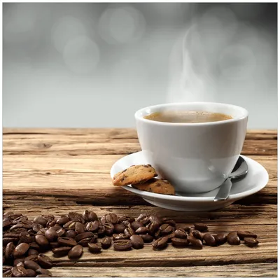 Produktbild von Wallario Sticker / Aufkleber für Kühlschrank / Geschirrspüler / Küchenschränke, selbstklebende Folie - 60 x 60 cm, Motiv: Heiße Tasse Kaffee mit Kaffeebohnen