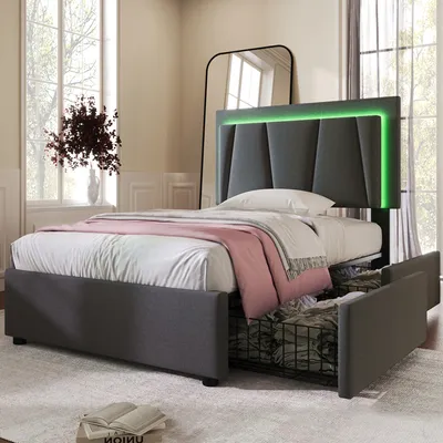A bedroom scene featuring a bed with storage drawers and LED lighting.