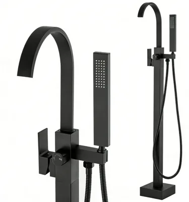 Produktbild von Freistehende Wannenarmatur mit Handbrause und Wasserfall-Auslauf, Schwarz
