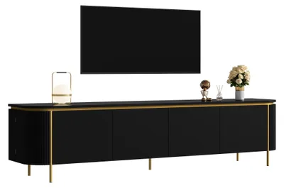 Zdjęcie produktu dla Szafka RTV Moonbite, szerokość 180 cm, mebel pod telewizor z 6 drzwiczkami, żłobionymi bokami i systemem zarządzania kablami, metalowymi nogami, wykonana z płyty MDF, kolor czarny