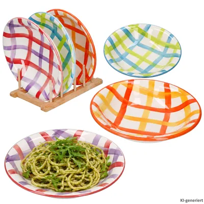 Produktbild von 6x Picknick Suppenteller Ø21cm Steingut bunt kariert Pastateller Salat