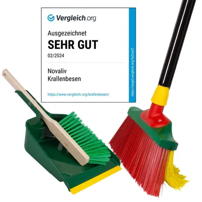 Produktbild von Novaliv Krallenbesen mit Stiel 30cm inkl. Kehrgarnitur Outdoor, Spezialbesen gebogenen Borsten Borsten Rot Gelb -Ideal als Gartenbesen, Kratzbesen, Kunstrasen Besen, Optimal für Camping