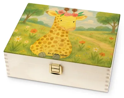 Produktbild von Mr. & Mrs. Panda Teebox Giraffe Blumenkranz Design - Weiß - Geschenk, holz, Tee Aufbewahrung, für Paare, Freundin, Abenteurer, box, Selbstliebe, Afrika, Teekasten