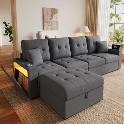 Zdjęcie produktu dla Sofa narożne Merax w kształcie litery L, 4-osobowe, z pufą i miejscem do przechowywania, modułowe, z oświetleniem LED, portami USB i Type-C, obite tkaniną przypominającą len, idealne do salonu lub sypialni, kolor szary