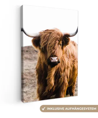 Produktbild von MuchoWow® - Leinwandbilder - Schottische Highlander - Landschaft - Kuh - Braun - Tiere - Natur, Wandbild, Wanddeko Bilder Wohnzimmer, 60x90cm