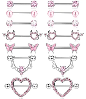Produktbild von TTPSRY 7 Paar 14G Nippelpiercing Set aus Chirurgenstahl Brustwarzenpiercing und Zungenpiercing Rosa Zirkonia Schmetterling Herz Barbell Nipple Piercing für Frauen Mädchen